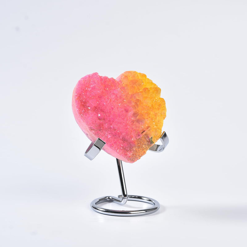 JIC Gem Pink Yellow Titanium Coated Large Heart Crystal Cluster Geode Healing Crystals Heart Shaped Rocks with Crystal Display Stand Home Decor Reiki Meditation 3.14-3.54 inch Pinkyellow