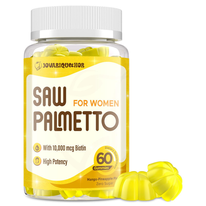 Jovariquethor Saw Palmetto for Women - DHT Blocker Hair Growth Supplement - 500mg Potent Saw Palmetto Gummies for Hair, Skin, Nails, Urinary Wellness - Mango-Pineapple Flavor - 60 Gummies 60 Count (Pack of 1)