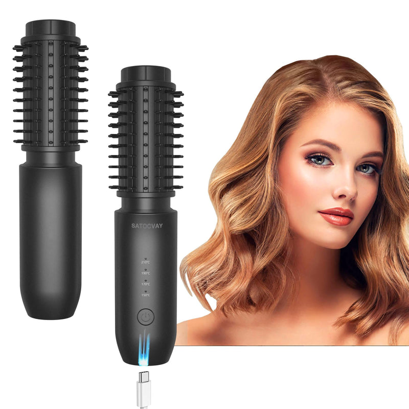 [Australia] - 3-in-1 Cordless Hair Styler: Curling Iron, Heated Brush & Straightener - Portable Rechargeable for Women (Black) Black 