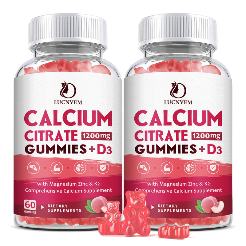 [Australia] - (2 Pack) Calcium Citrate 1200mg with Vitamin D3 Supplements Gummies for Women & Men, Calcium Gummies with Vitamin D3 K2, High Absorption for Bone Muscle Healthy- Peach Flavor- 60 Day Supply 60 Count (Pack of 2) 