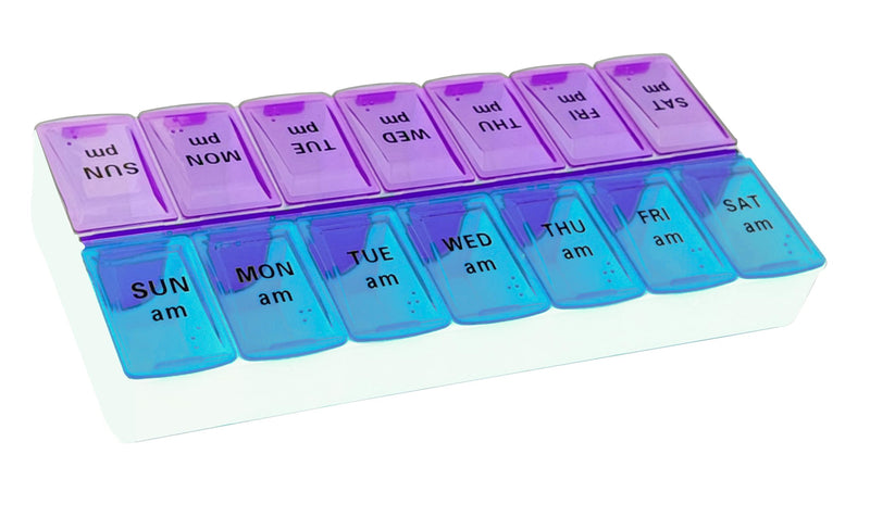 Weekly (14-Day) AM/PM Pill Organizer, 2 Times a Day Pill Case and Planner, Portable Vitamin Containers, Medicine Pill Box(Blue-Purple) Blue-purple