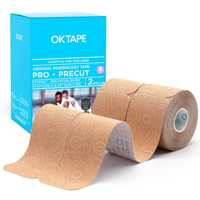 [Australia] - OK TAPE PRO Original Kinesiology Tape Pre-Cut Strips, Latex Free Elastic Athletic Tape Roll, 2in√ó16ft 2Rolls,Beige+Beige 2 Rolls Beige+beige 