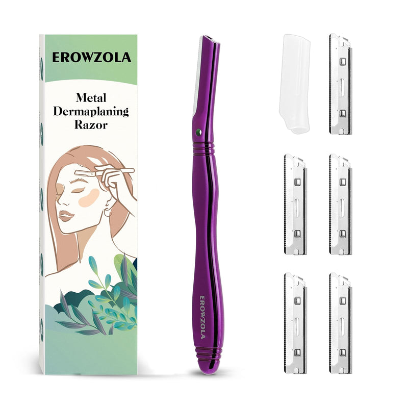 [Australia] - Eyebrow Razor for Women and Men, Face Razors for Women, Dermaplane Razor with Protective Silicone Cover, Reusable Metal Handle with 6 Refill Blades, Skin Care Tool - Purple 