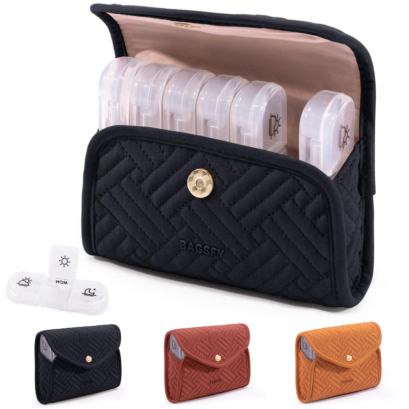BAGSFY Weekly Pill Organizer 3 Times a Day in a Cute Fabric Pill Case, Medicine Pill Organizer, Pill Box, Portable Travel Pill Case, Pill Container for Medication, Vitamins, Fish Oils, Supplements Black