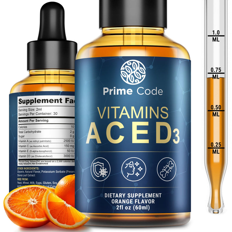 [Australia] - Prime Code Liquid Vitamin A Supplement for Women & Men with Vitamin C E and D3, Vitamin A C E D3 Drops for Adults, Non-GMO, Faster Absorption & Immune Support, Natural Orange Flavor Drops 