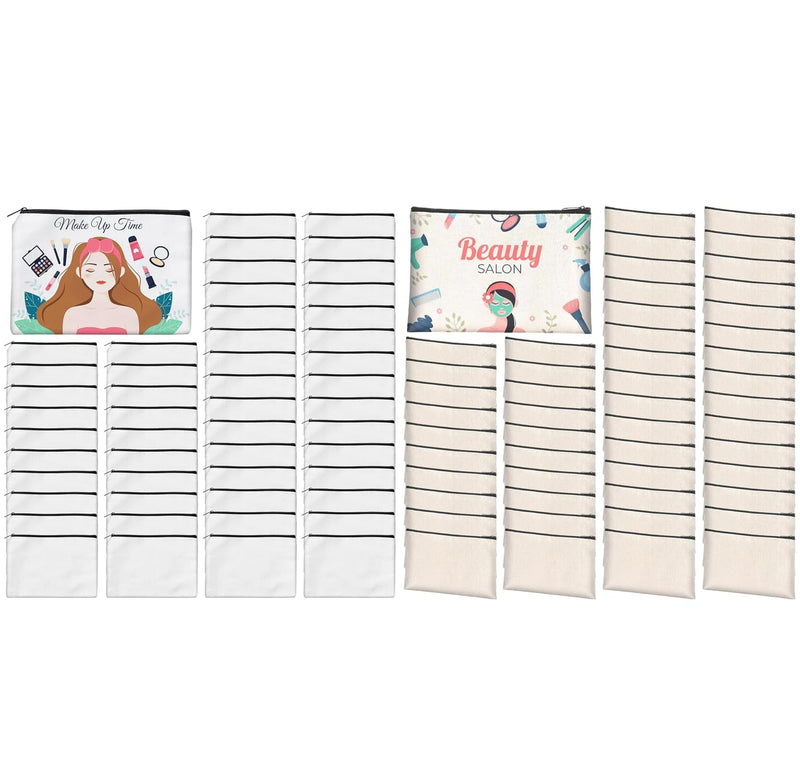 AMDAILY 50Pcs Sublimation Blank Canvas Makeup Bags w/Black Zipper and 50 Pcs Ivory Sublimation Blank Canvas Makeup Bags