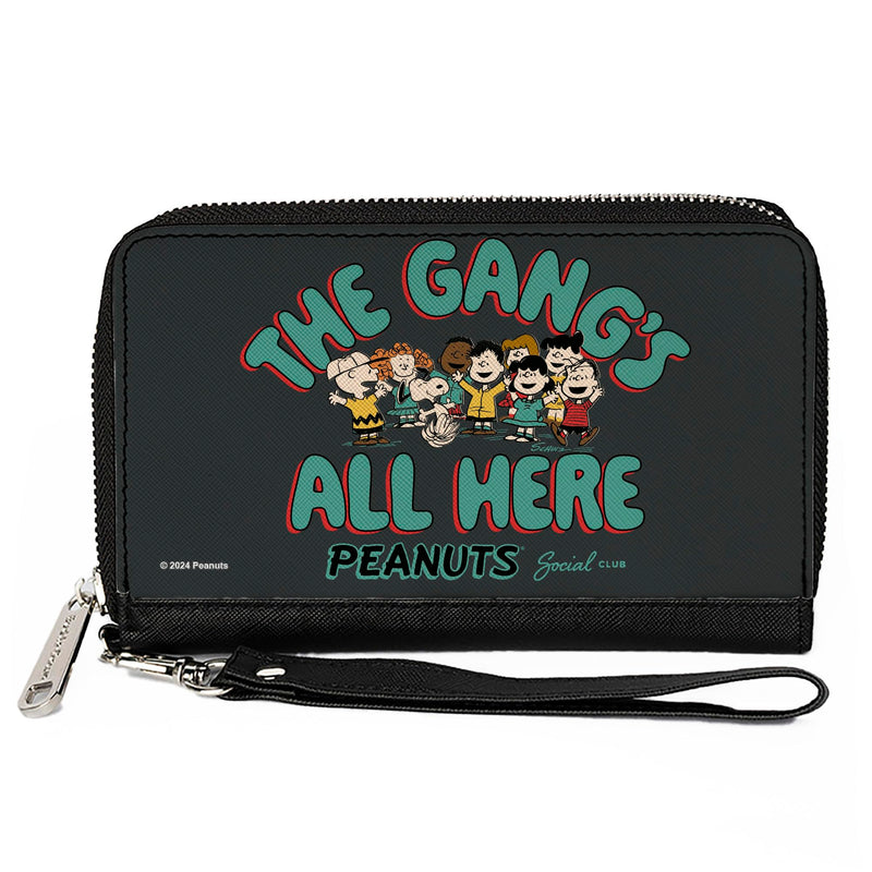 Buckle-Down Peanuts Vegan Leather Zip Around Wallet | Peanuts Gang 75th the Gangs All Here Group Pose Black Blue Billfold Credit Card and ID Slots