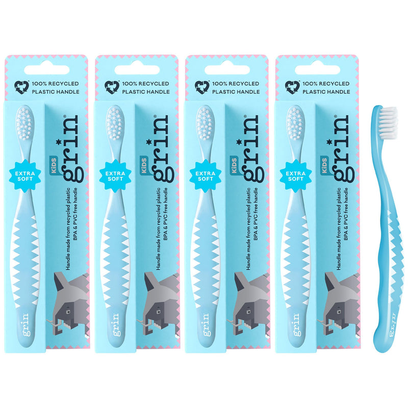 [Australia] - Grin Kids 100% Recycled Toothbrush, Extra Soft, 4 Count, Blue, Gentle Care for Baby and Toddler Teeth 