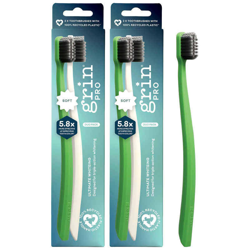 Grin Pro Ultimate Whitening Toothbrush, Soft, 2 Count (Pack of 2), Designed for Triple-Action Whitening, 100% Recycled Plastic Handle 2 Count (Pack of 2)