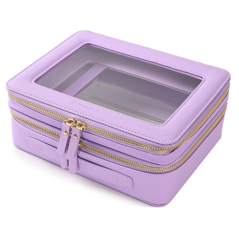 Aveniee Clear Makeup Bags, Double Layer Cosmetic Bags with a Separate Brush Compartment, Large Travel Toiletry Bag Train Case for Women, Travel Accessories Organizer.2 Layers Large, Lilac Dual Layer Large