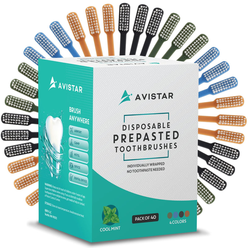 [Australia] - Avistar 40 Prepasted Disposable Toothbrushes Individually Wrapped - Single Use Pre Pasted Disposable Toothbrushes with Toothpaste Built in - Waterless Toothbrush for Travel, Guests, Hotel, & Camping 40 Count 
