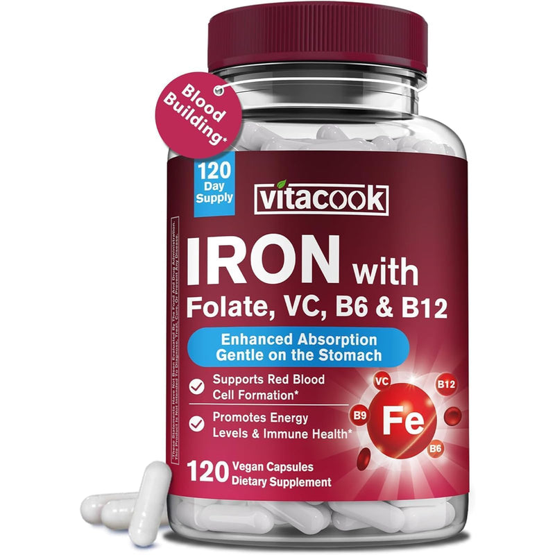 Iron Supplement for Women & Men, Iron Bisglycinate with Vitamin C | Vitamin B6, B12, Folate, Stomach Friendly, Non-Constipating, Blood Health & Energy Boost, 120 Vegan Caps 120 Count (Pack of 1)