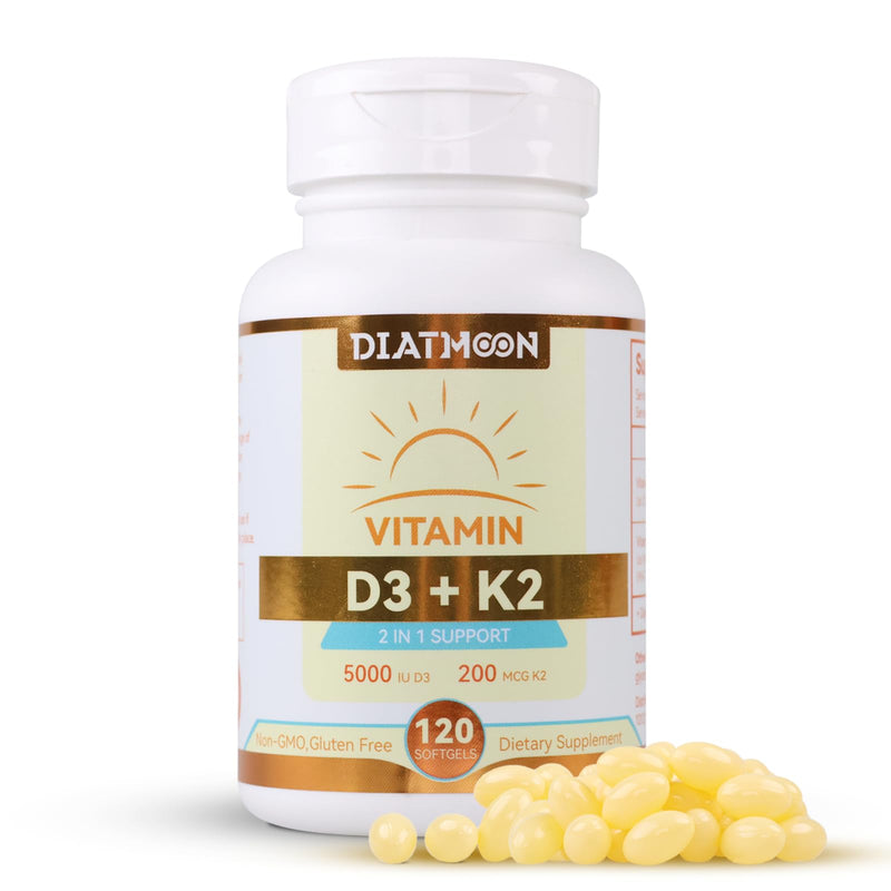 Vitamin D3 K2 Supplement Softgels, D3 5000 IU & K2 MK-7 200 mcg - 120 Count | Bone & Teeth Support, Easy to Swallow, Non-GMO, Gluten-Free 120 Count (Pack of 1)