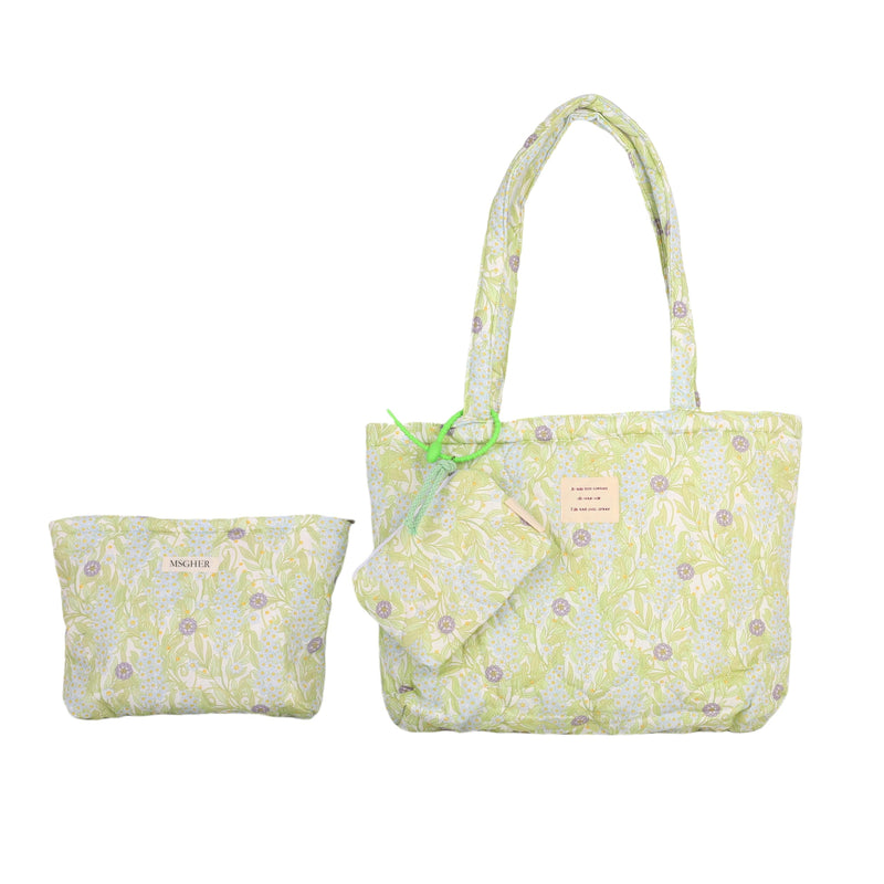 Floral Quilted 3-in-1 Bag Set for Wome Cotton Large Shoulder Tote with Medium Cosmetic Bag Mini Organizer Pouch A039 Purple