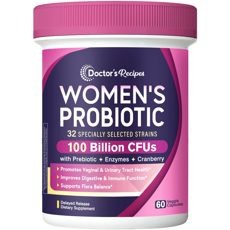Doctor's Recipes Probiotics for Women, 100 Billion CFU 32 Strains, 60 Caps | Women's Probiotics with Prebiotic, Enzymes & Cranberry, Shelf Stable, Delayed Release, Vegan, Non-GMO 60 Count (Pack of 1)