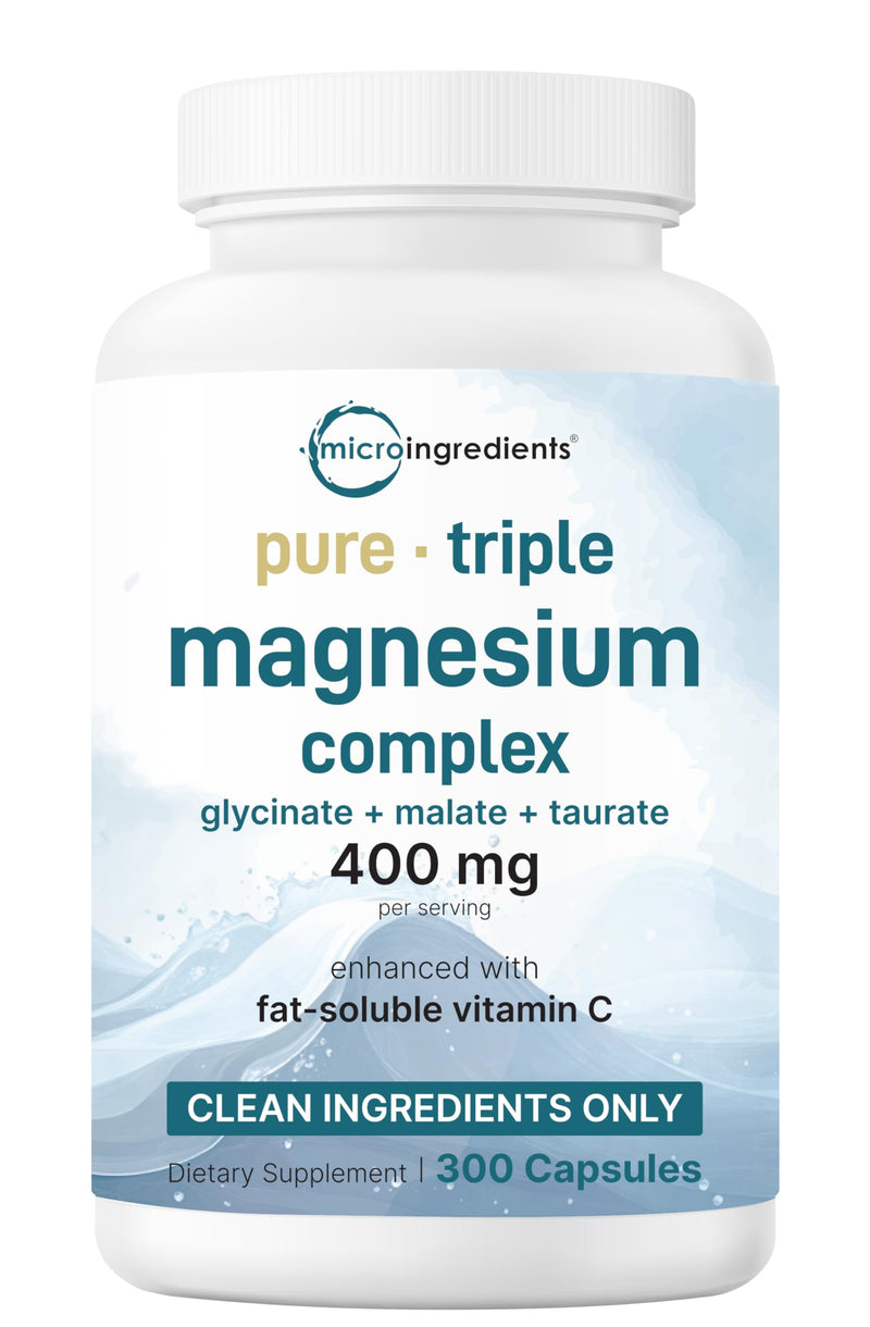 Micro Ingredients Pure Triple Magnesium Complex | 300 Capsules | 400mg Elemental Magnesium Per Serving | Chelated Glycinate, Taurate, Magnesium Malate, Vitamin C | Filler Free
