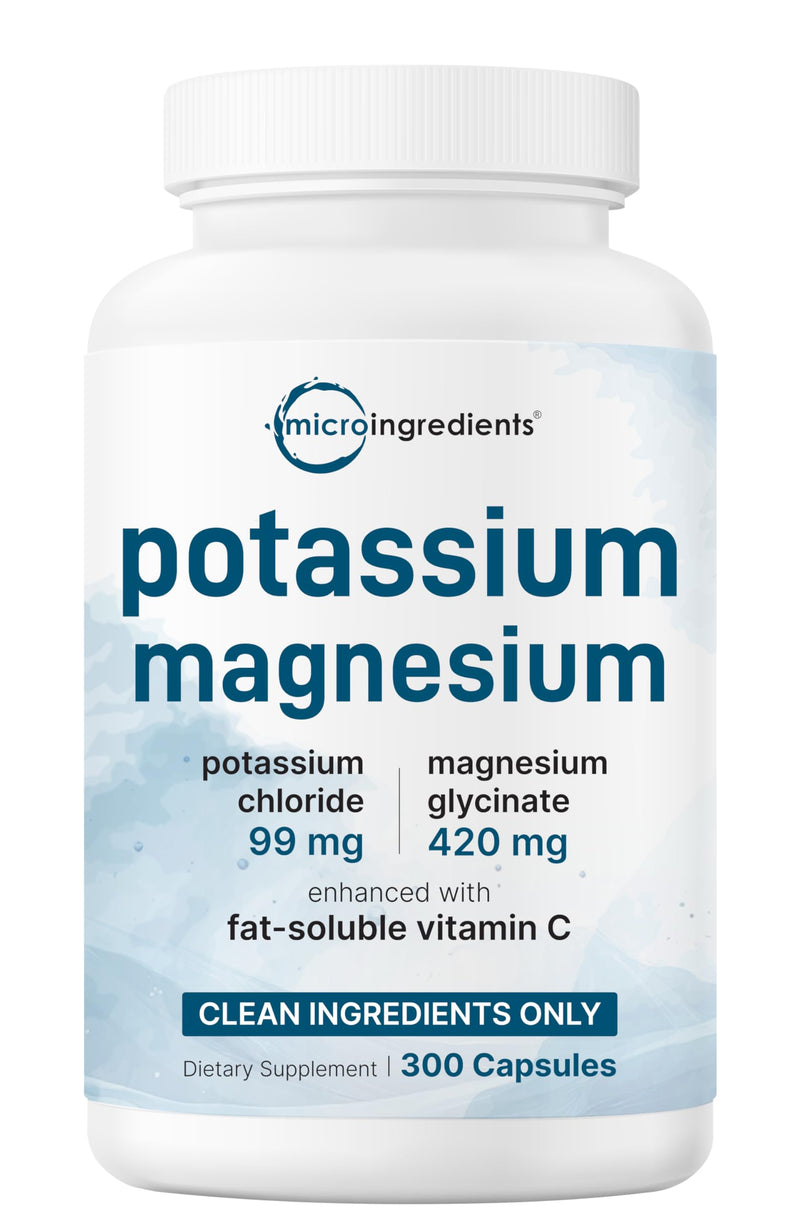[Australia] - Pure Potassium Supplement with Magnesium Glycinate, 300 Capsules | Enhanced with Fat-Soluble Vitamin C | Chloride + Glycinate Mineral Electrolyte Complex | Only Active Ingredients | Filler Free 
