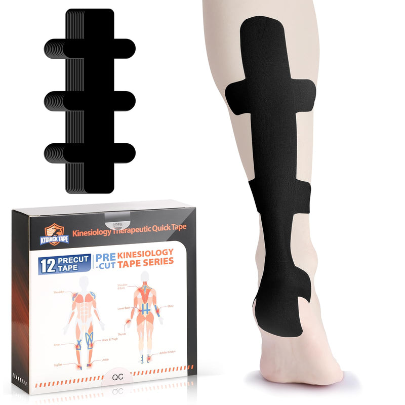 [Australia] - Kinesiology Tape for Achilles Tendon, KTQUICK 12 Count Achilles Tendon Tape Precut, Original Cotton Waterproof&Breathable, Enhance Elastic Kinesiology Athletic Tape for Achilles&Muscle Support(Black) Black 