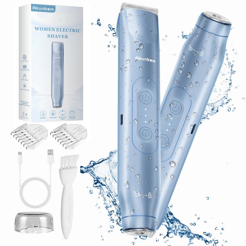 [Australia] - Women Electric Shaver Dual Head Bikini Trimmer for Women IPX7 Waterproof Wet & Dry Use Body Hair Trimmer and Facial Hair Remover for Bikini Underarm Leg Arm Body Face (Blue) Blue 
