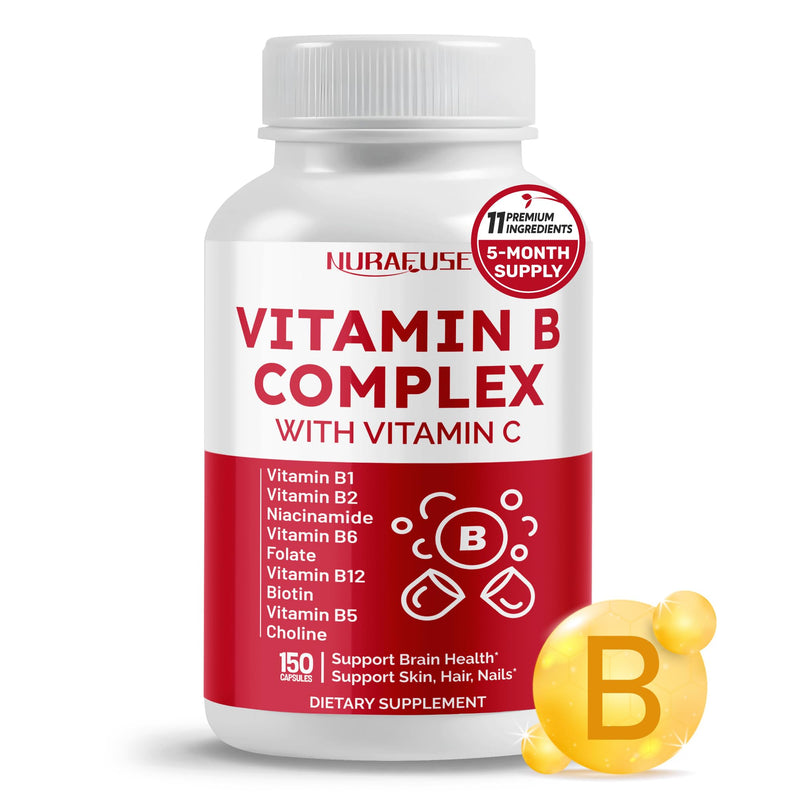Vitamin B Complex Vitamin B1, B2, 6,9,12 Niacin, with Vitamin C - Support Brain Health, Energy Levels, Skin, Hair, and Nails 150 count (pack of 1)