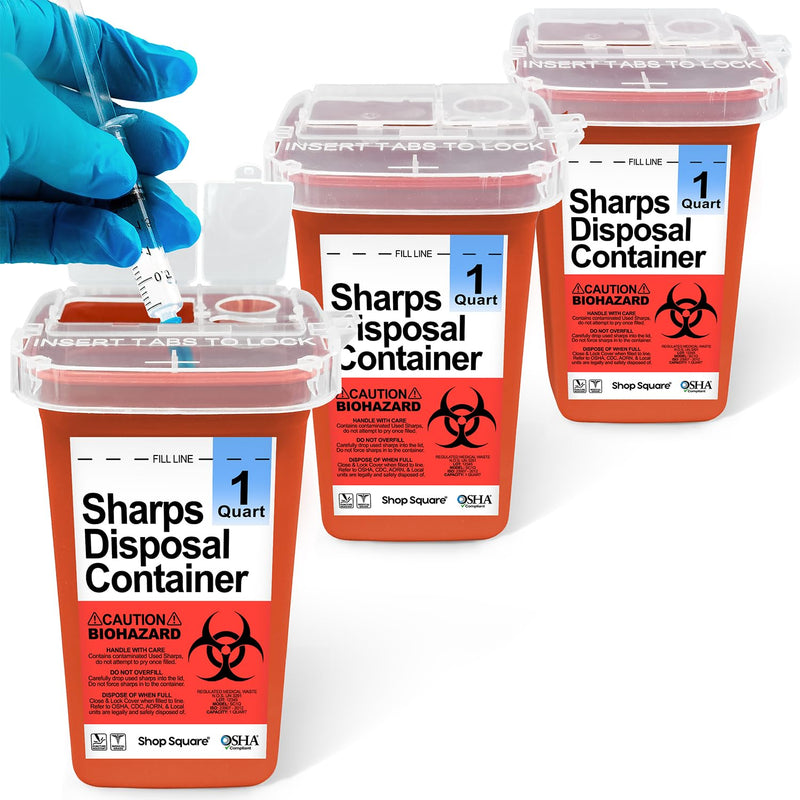 [Australia] - Sharps Containers for Home Use - 1 Quart (3-Pack) Biohazard Syringe and Needle Disposal Containers - Small Sharps Box for Travel and Professional Use 