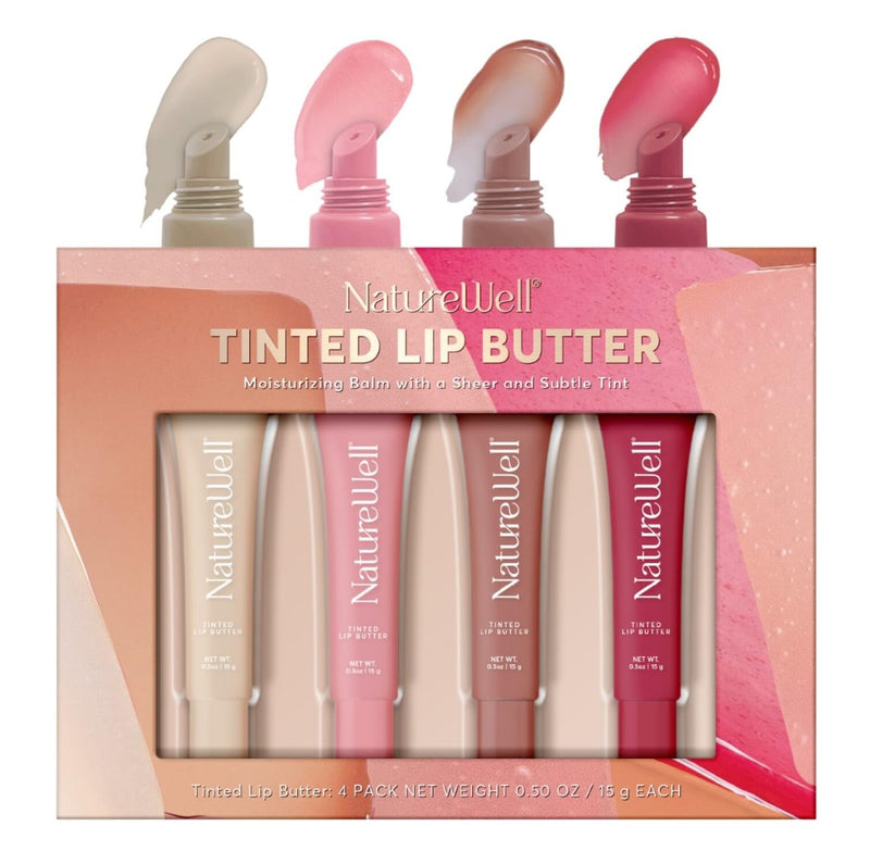 NatureWell Tinted Lip Butter Variety Pack of 4, 0.50 Oz Each | Shear & Subtle Tinted Moisturizing Balms, Vanilla Scented, Lightweight & Non-Greasy, Vitamin E, Shea, & Murumuru Butters