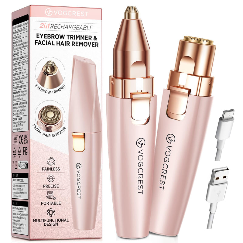 VG VOGCREST Eyebrow Facial Trimmer: 2 in1 Rechargeable Facial Hair Removal and Eyebrow Shaver - Face Lips Body Painless Facial Razor with Built-in LED Light (Pink) Pink