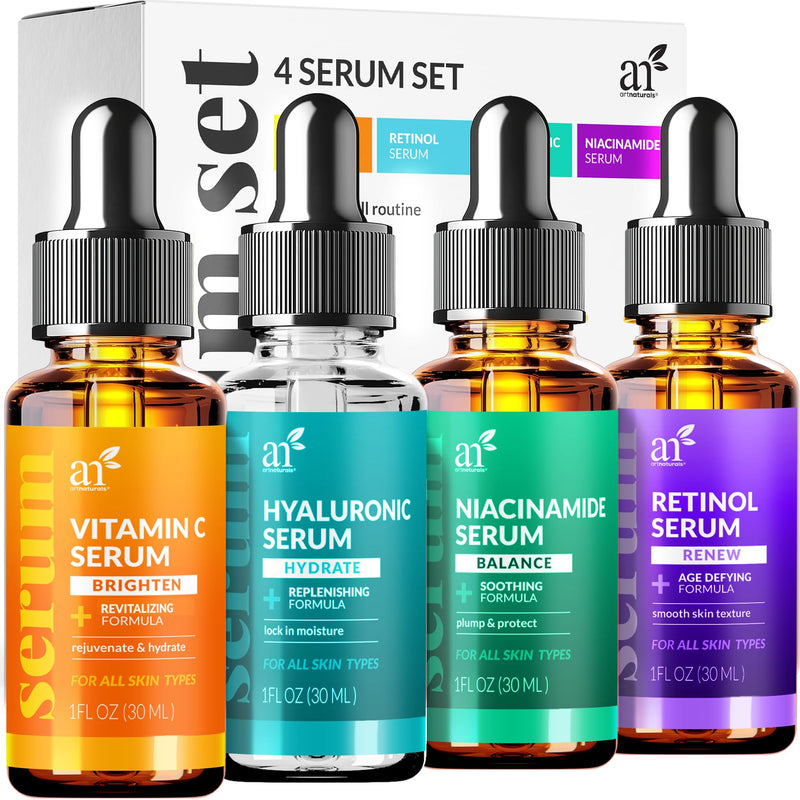 ArtNaturals Vitamin C Skincare Serum Set, 4 Piece | 4-serum skincare routine, Vitamin C, Hyaluronic Acid, Niacinamide & Retinol, All skin types 1 Fl Oz (Pack of 4)