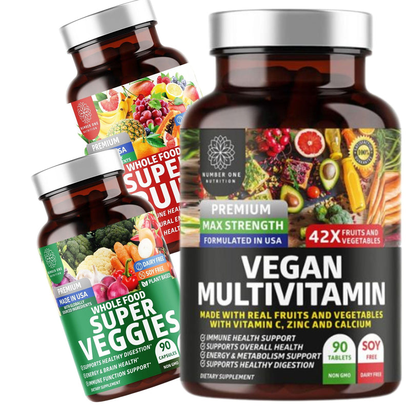Number One Nutrition N1N Premium Super Fruits & Veggies Supplement [40 Whole Foods] and Vegan Multivitamin [86 Ingredients, Plant-Based], 2 Pack Bundle