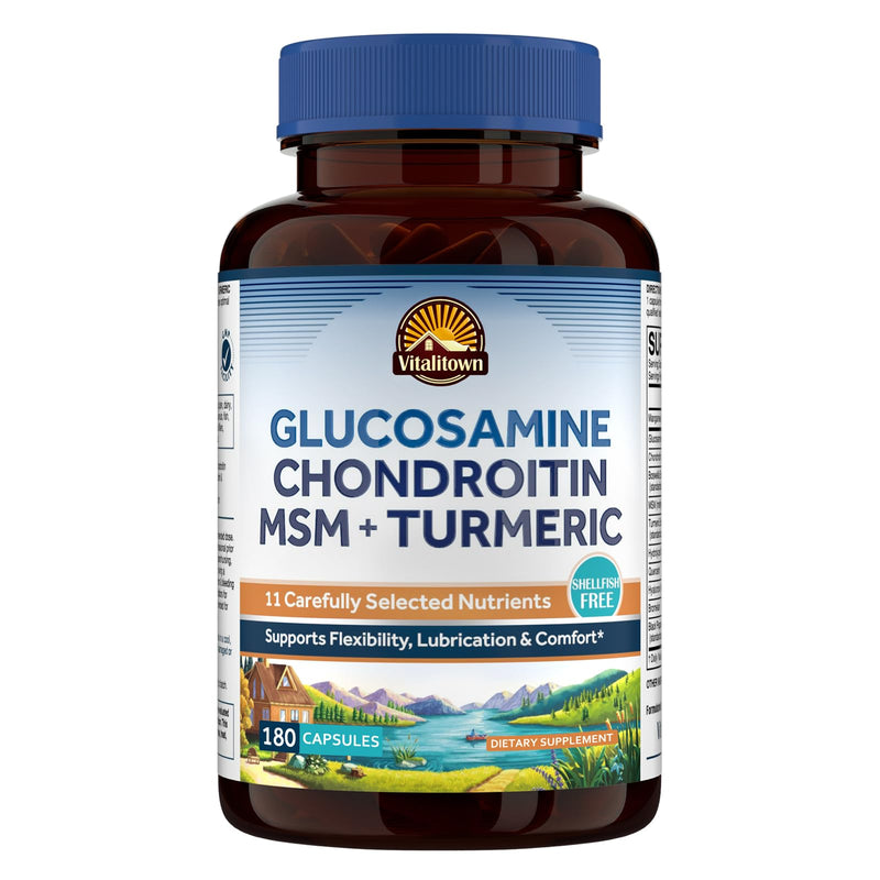[Australia] - Vitalitown Glucosamine Chondroitin MSM, Turmeric, Collagen, Hyaluronic Acid, Boswellia, Quercetin, 11-in-1 Formula, Glucosamine Sulfate 1500 mg, No Shellfish, Flexibility & Comfort, 180 Caps 180 Count (Pack of 1) 