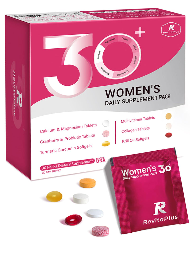 RevitaPlus Multivitamin for Women with Vitamin A,B,C,D3,E,K2,Biotin, Collagen,Krill Oil,Cranberries Supports Energy,Wellness,Beauty and Immune - Vitamin Packs for Women Health 30 Packs 1 Box