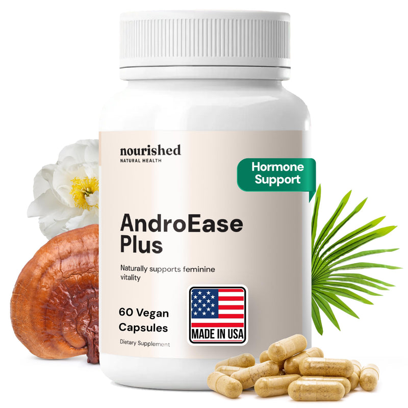 Nourished AndroEase Plus - Vegan Hormone Balance for Women, 60 Capsules | Daily Support for Energy, Vitality, Facial Hair with Zinc, Reishi, Green Tea & Saw Palmetto & Made in USA 60 Count (Pack of 1)