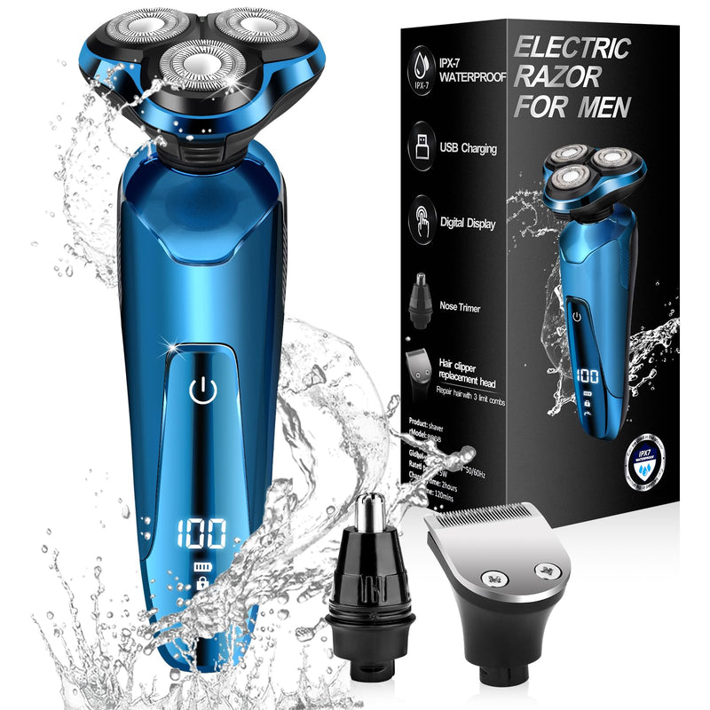 Electric Razor for Men, Cordless 3D Rotary Head Shavers for Men Face, Wet/Dry Waterproof, LED Display, Ideal Gift for Husband/Dad/Boyfriend (Blue) A2-blue