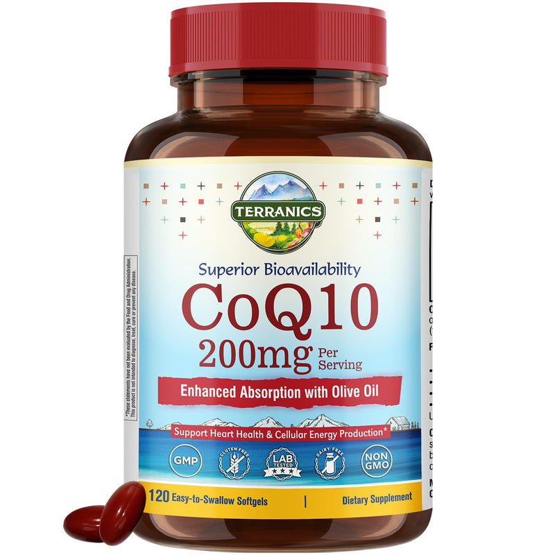 Terranics CoQ10 200mg, Coenzyme Q10 Supplement with Extra Virgin Olive Oil for Enhanced Absorption, Made in USA, Supports Heart Health, Antioxidant Protection, Energy Production, Non-GMO, 120 Softgels 120 Count (Pack of 1)