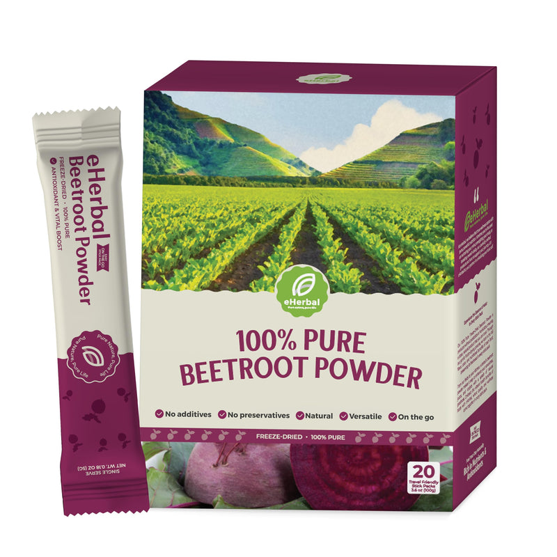 [Australia] - eHerbal 100% Plant Based Pure Freeze Dried Beet Root Powder Packets, Beet Juice for High Blood Pressure, Nitric Oxide Booster, Boost Clean Energy Drink Mix, Non-GMO, 20 Convenient stickbags 