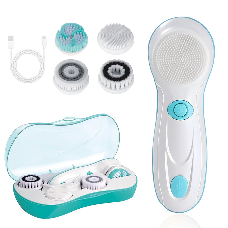 [Australia] - Facial Cleansing Brush, Electric Face Scrubber with 4 Cleanser Heads and 2 Speeds Adjustable for Deep Cleaning, Portable Rechargeable and Waterproof Face Wash Brush for Women & Men (Green) Green 