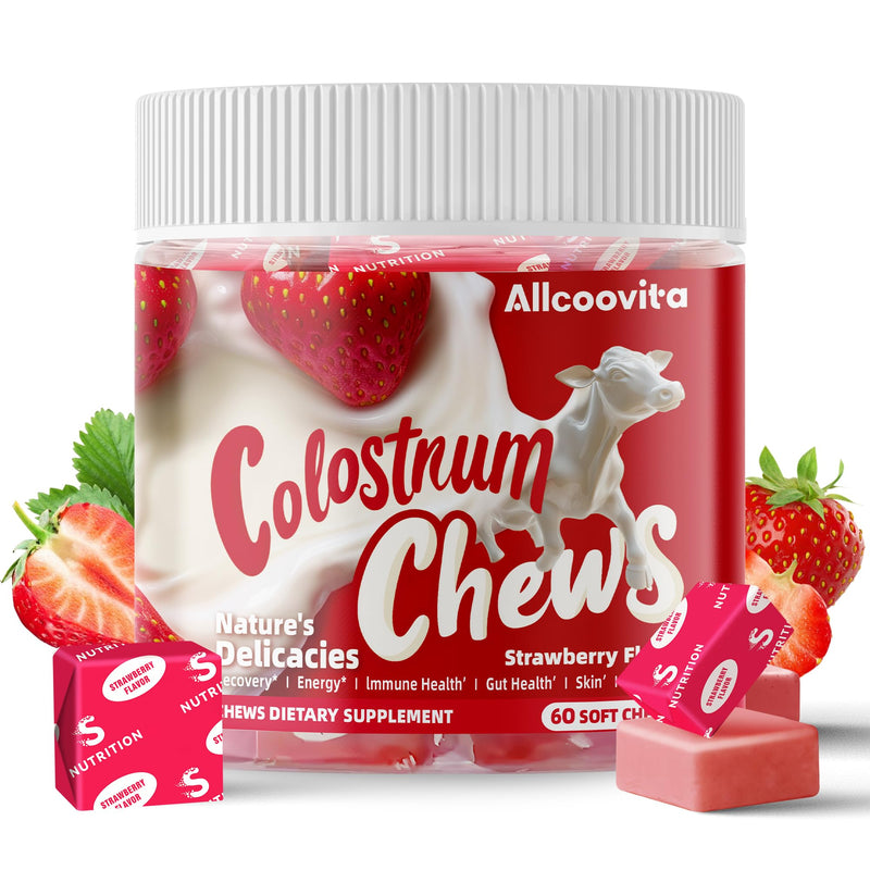 [Australia] - Bovine Colostrum Chews Supplement with probiotics for Gut Health, Bloating, Immune Support, Skin, Hair Growth and Beauty - Strawberry Flavor (60 Servings) 60 Count (Pack of 1) 
