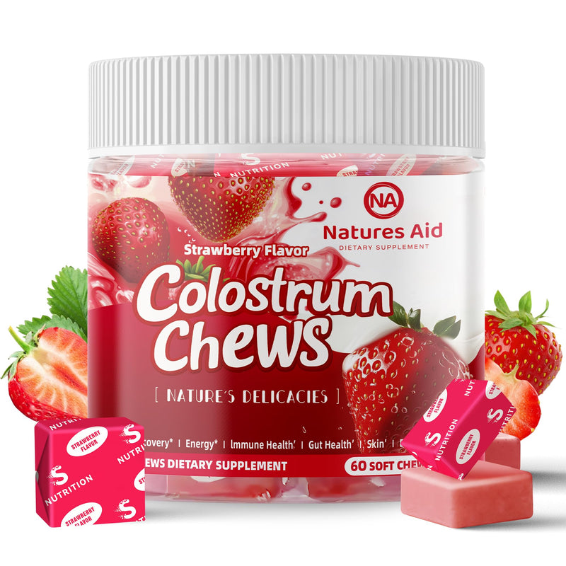 [Australia] - Colostrum Chews Supplement with probiotics for Gut Health, Bloating, Immune Support, Skin, Hair Growth and Beauty - Strawberry Flavor (60 Servings) 60 Count (Pack of 1) 