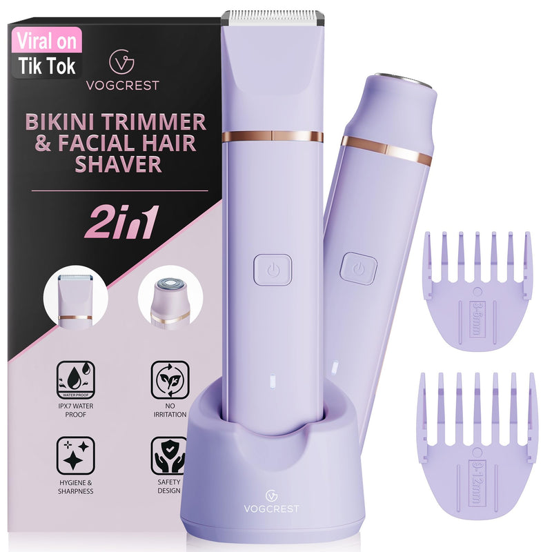 [Australia] - VG VOGCREST Electric Bikini Trimmer: 2 in1 Body Facial Hair Remover - Painless Pubic Hair Shaver (Purple) Purple 
