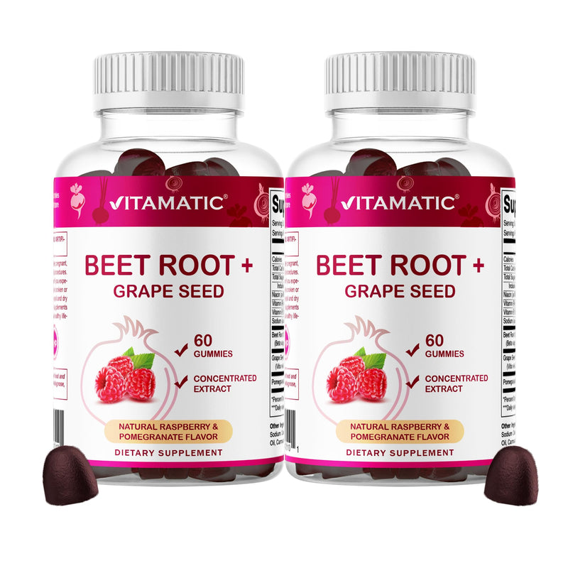 Vitamatic Beet Root Gummies with B6, B12, Grape Seed, Pomegranate & Nicotinamide – Plant-Based Extract – Vegan, Non-GMO – Botanical Supplement Gummies – 60 Count - 2 Pack (120 Count)
