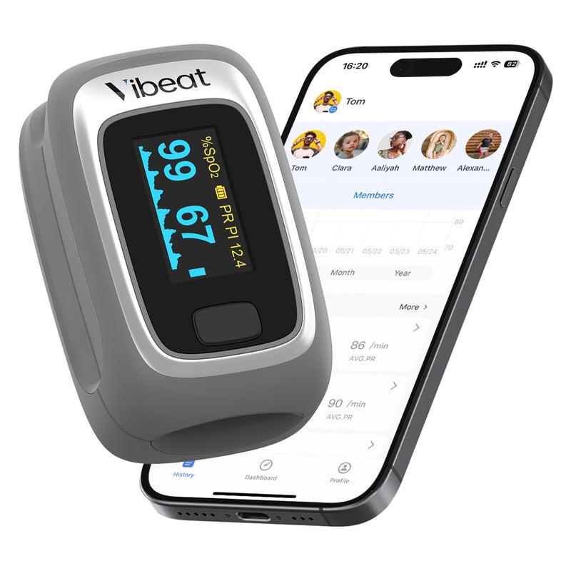 [Australia] - Vibeat Fingertip Pulse Oximeter with Bluetooth, Blood Oxygen Saturation Monitor with APP, Finger SPO2 Meter with Batteries and Lanyard, Gray 
