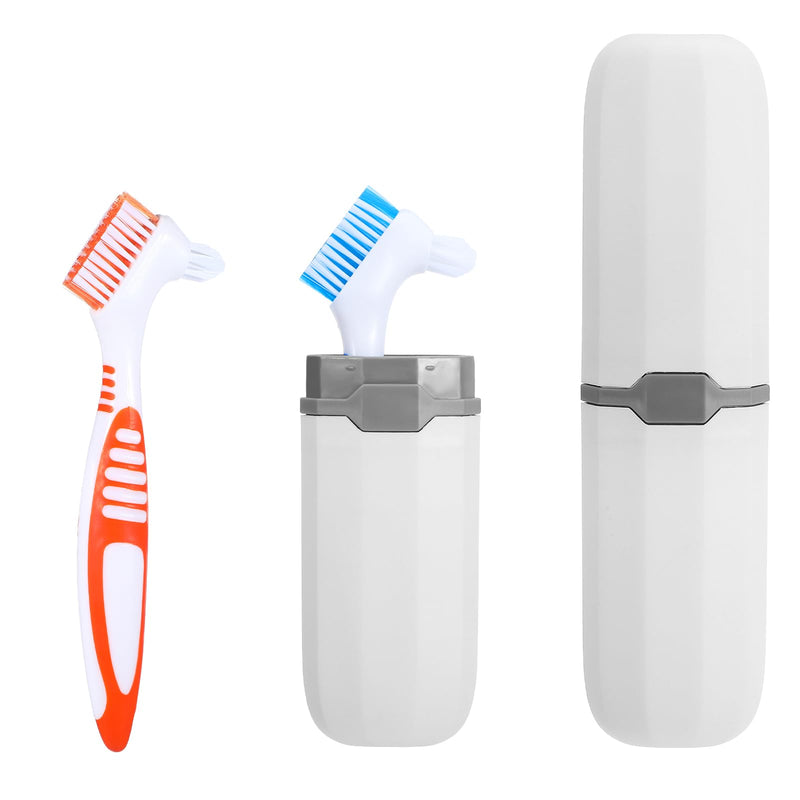 [Australia] - 2Pcs Denture Toothbrushes, Denture Cleaning Brush Set, Denture Cleaning Care Brush with White Carrying Case, Multi-Layered Bristles & Ergonomic Rubber Handle for Denture Clean Care 