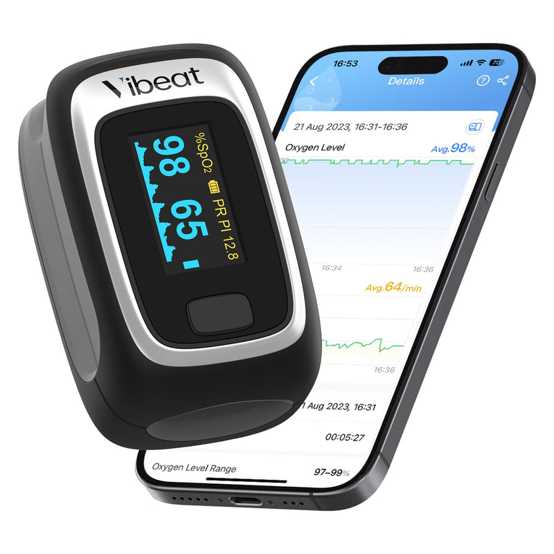 [Australia] - Bluetooth Fingertip Pulse Oximeter, Vibeat SPO2 Monitor with Vihealth APP, Portable Finger Oxygen Sensor with Pulse Rate, Batteries and Lanyard Included, Black 