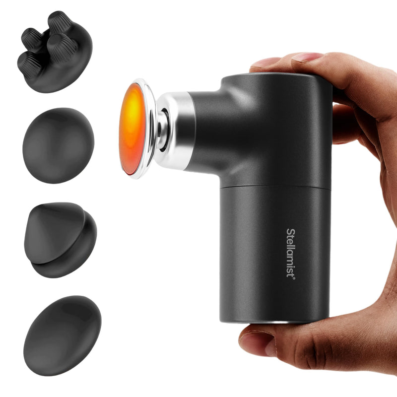 [Australia] - Mini Massage Gun Deep Tissue, Portable Hand Held Massager Gun with Heat, Portable Percussion Muscle Massager with 4 Massage Heads for for Dad, Office, Home, Athletes Black 