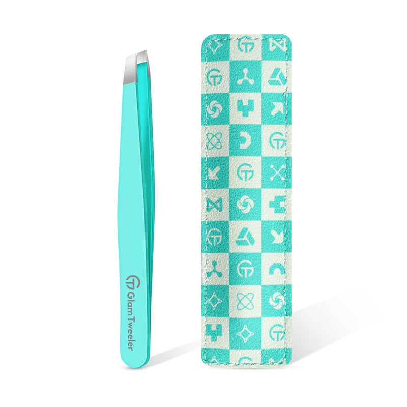 Expert Eyebrow Hair Removal Tweezer with Leather Case, GlamTweeler High Precision Slant Tip Stainless Steel Tweezers for Men and Women (Robin's Egg Blue) Robin's Egg Blue
