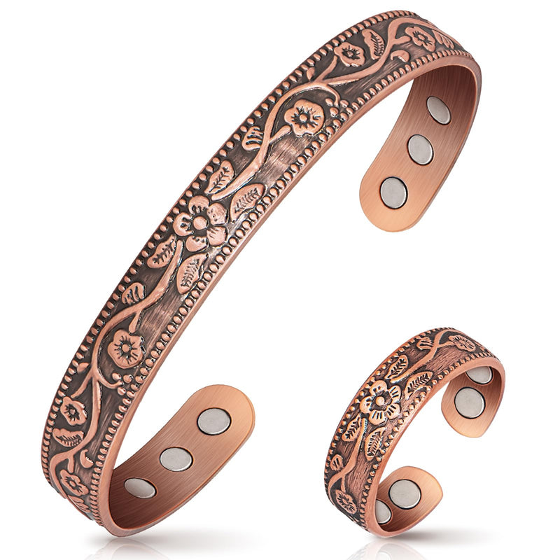[Australia] - Copper Bracelet for Women, Magnetic Bracelets & Magnetic Rings with 3500 Gauss Magnets, 100% Solid Pure Copper Jewelry Gift Copper-Vintage Flower 