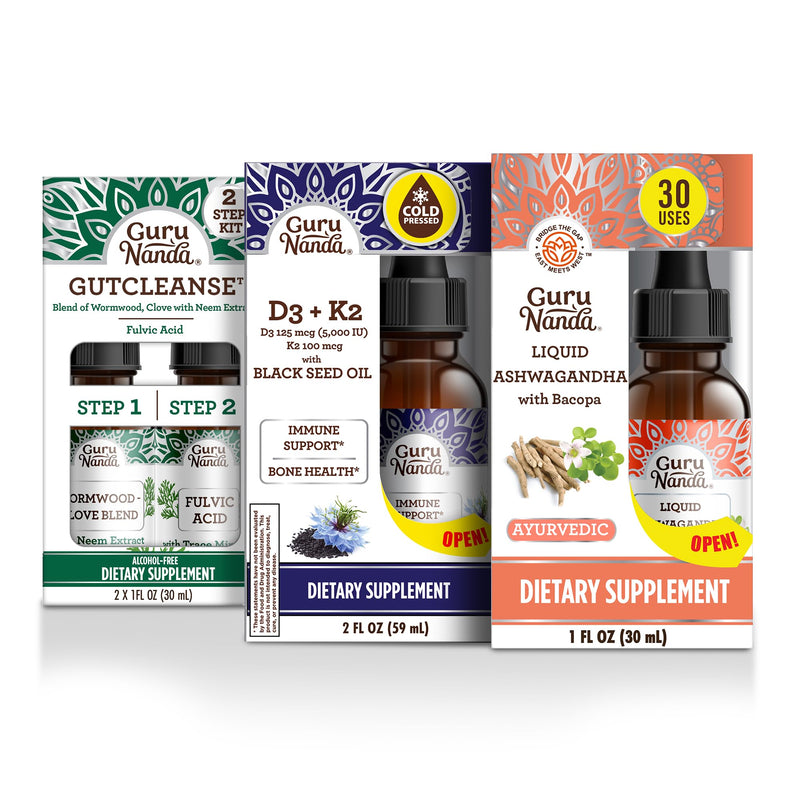 [Australia] - GuruNanda Total Wellness Boost with Liquid Ashwagandha, Black Seed Oil & GutCleanse - Helps with Immunity and Mind Care 