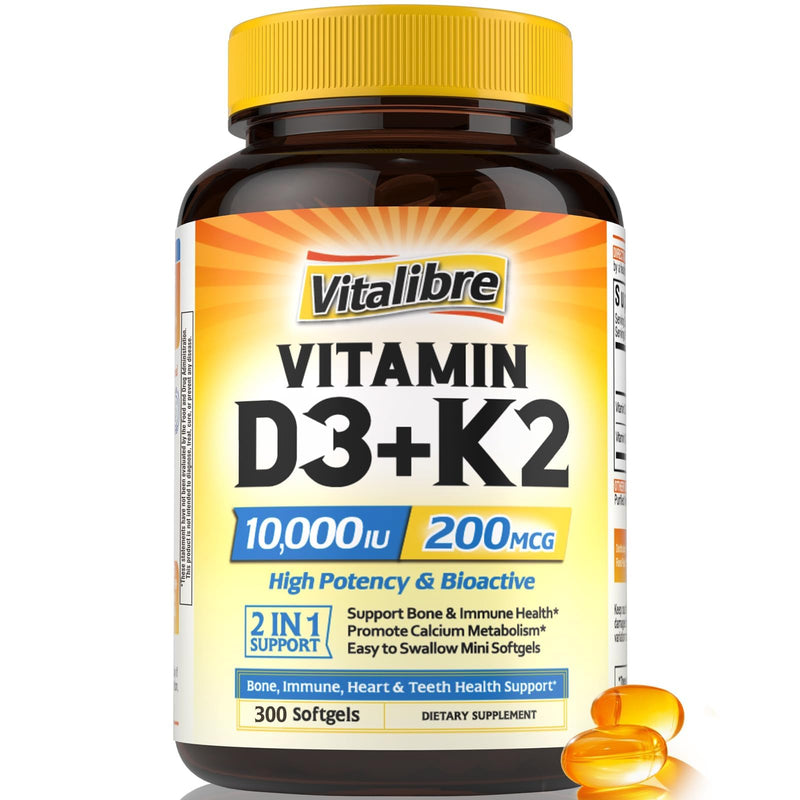 Vitalibre Vitamin D3 K2 Supplement, Vitamin D3 10000 IU & 200 mcg K2 MK7 | Enhanced Calcium Absorption, Bone, Heart, Immune & Mood Support, No Soy, Easy to Swallow, 300 Softgels 300 Count (Pack of 1)