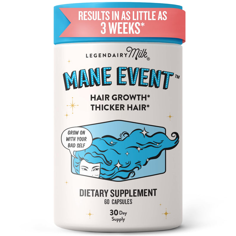 Legendairy Milk Mane Event Hair Growth Vitamins with Lustriva, 60 Capsules | Clinically studied Lustriva® with collagen and biotin to support healthy-looking hair, skin and nails for women. 60 Count (Pack of 1)