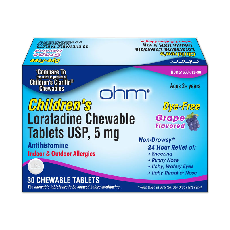 [Australia] - Ohm Children's Loratadine Allergy Chewable Tablets - Dye Free, Grape Flavor, Non-Drowsy 24 Hour Relief, Antihistamine for Indoor & Outdoor Allergies - 30 Tablets 30 Count 